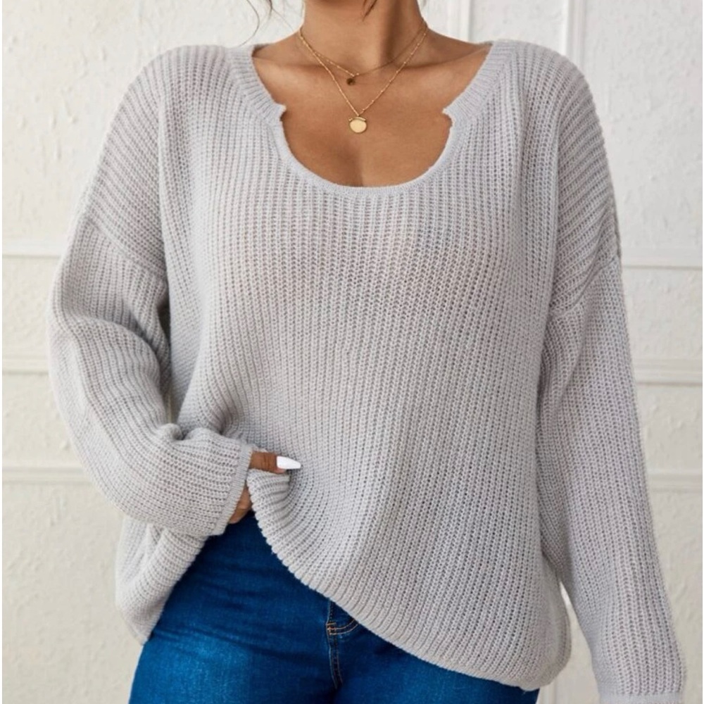 Shein Lune Plus Notched Neckline  Drop Shoulder Sweater
